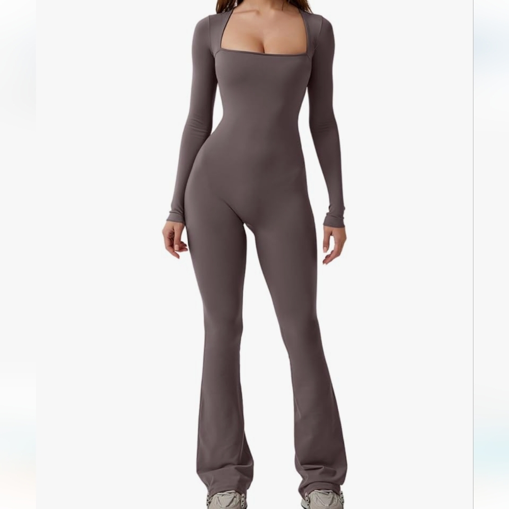 Amazon Qinsen Dark Gray Long Sleeve Square Neck Wide Leg Jumpsuit Size Medium